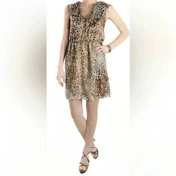 CARLOS MIELE Beige Yellow Gold Leopard Print Ruffle Detail Mini Dress Size XS - Picture 1 of 12
